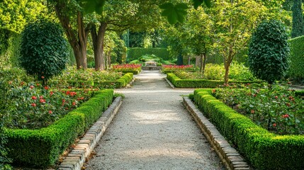 Scenic Pathway Through a Beautiful Formal Garden in Full Bloom