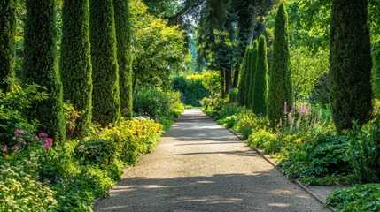 Obraz premium Scenic Garden Path Surrounded by Tall Graceful Trees and Flowers