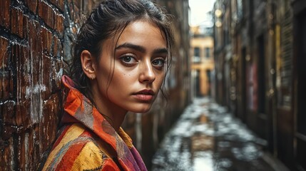 Naklejka premium A young woman stands thoughtfully in a narrow, rain-slicked alley. Her vibrant clothing contrasts with the weathered brick walls as she gazes into the distance, lost in thought.