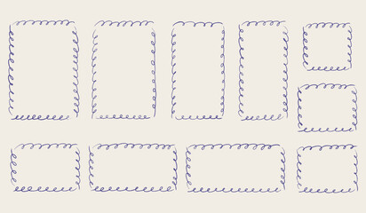 Hand drawn retro frames set. Chalk scribble wavy borders collection. Pencil texture doodle curly frame. Different sizes: wedding invitation, greeting card, postcard design. Vintage vector illustration