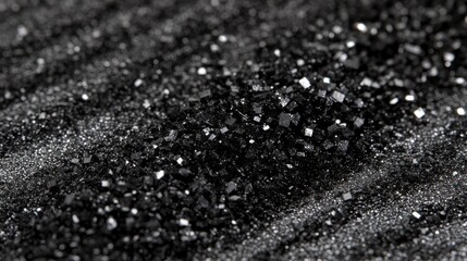 Close-up view of dark, glittering crystals.  A textured surface of small, dark, reflective particles.