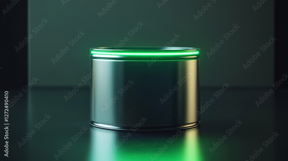Poster cylindrical metallic object with green glow isolated in a studio environment