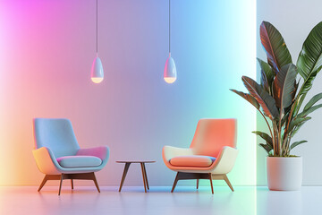 Modern pastel chairs with colorful lighting and plant