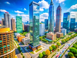 Fototapeta premium Miniature Cityscape: Tilt-Shift Photo of a Gigantic Business Tower