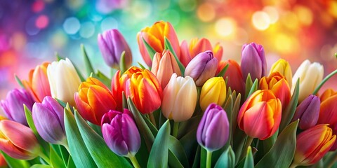 Obraz premium Miniature Colorful Tulip Bouquet - Charming Spring Flowers in Tilt-Shift