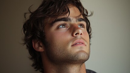 Fototapeta premium Thoughtful Young Man Looking Upwards in Natural Light Portrait