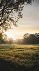 Obraz premium Serene Countryside Landscape Illuminated by Gentle Morning Light