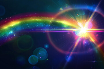 Colorful rainbow flare with circular light rings on dark background, creating vibrant and magical atmosphere filled with sparkling stars and light effects