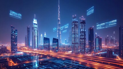Smart city at night, futuristic cityscape, data overlays, transportation network