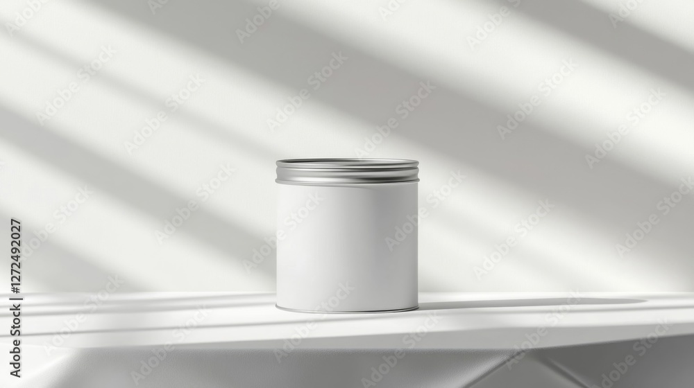 Poster elegant white jar with silver lid on table casting soft shadows minimal style