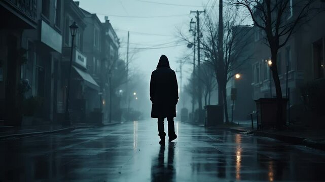 A lone figure walks down a rain-swept city street shrouded in mist. The atmosphere is dark and mysterious.