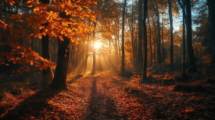 Fototapeta premium Sunbeams illuminate autumn forest path; misty morning