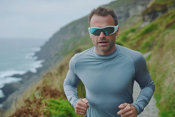 Runner jogs along coastal path with scenic views of cliffs and ocean during overcast weather