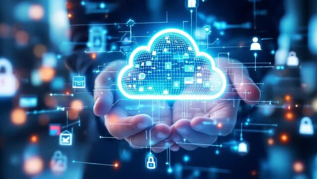 Hands holding a glowing cloud computing icon, digital interface in background