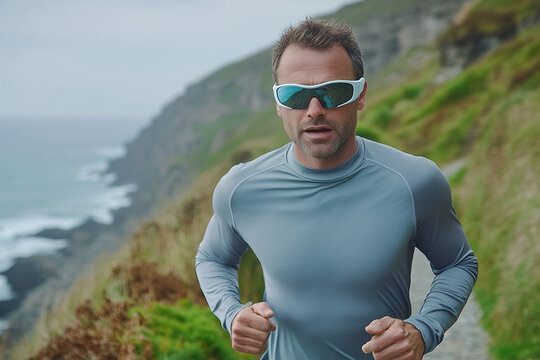 Runner jogs along coastal path with scenic views of cliffs and ocean during overcast weather