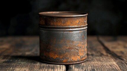 Aged Rusty Metal Can on Distressed Wood Against Dark Background In Studio Shot