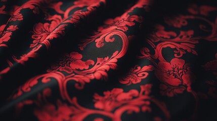 Luxurious red and black floral fabric. Rich texture and intricate design. Perfect for fashion, design, and textile projects.