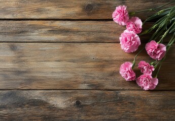 Pink Carnations on Rustic Wooden Table Background Decor Display