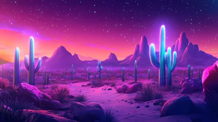 Gordijnen A vibrant, neon desert landscape featuring glowing cacti under a purple sky. Mystical Neon Landscapes. Illustration © Thiago