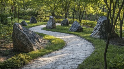 Serene Outdoor Pathway with Natural Stones in Lush Green Environment