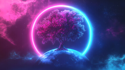 abstract cosmic tree sprouting planet