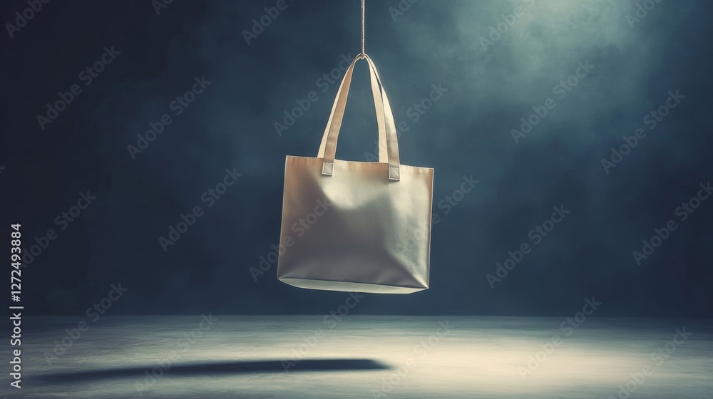 Poster pixelated tote bag hanging from string against dark gradient background with a spotlight