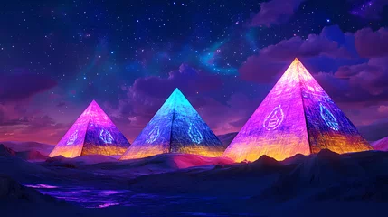 Fototapete Colorful neon pyramids illuminated under a starry night sky in a dreamlike landscape. Mystical Neon Landscapes. Illustration © Thiago