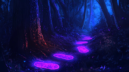 Obraz premium Enchanted forest trail: uv light illuminating glowing footprints in dark woods. Mystical Neon Landscapes. Illustration
