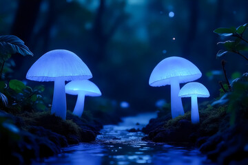 Glowing Mushrooms by a Stream at Night