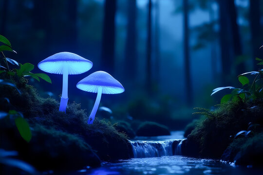 Bioluminescent Mushrooms by a Waterfall at Night
