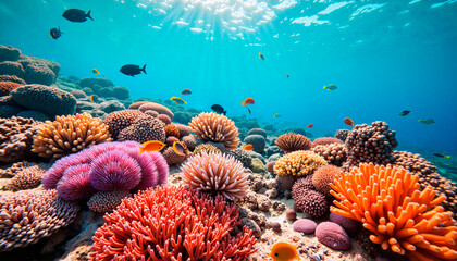 Vibrant coral reef with colorful fish