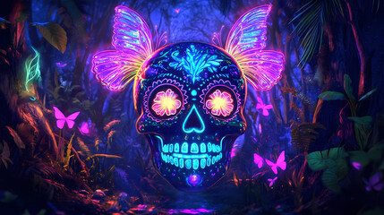 Fluorescent sugar skull with glowing bioluminescent butterfly wings, set in a neonlit forest, sugar skull, fantasy neon landscape. Mystical Neon Landscapes. Illustration