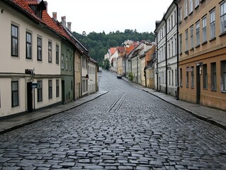 Cobblestone street in a historic town with colorful buildings and greenery