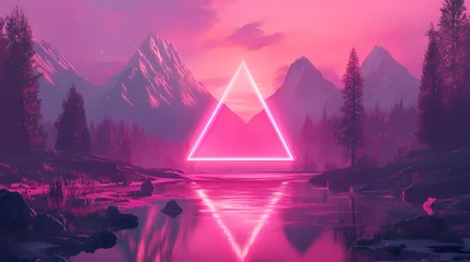 Selbstklebende Fototapeten Futuristic pink landscape with neon triangle. Mystical Neon Landscapes. Illustration © Thiago