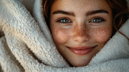 Close-Up of Smiling Young Woman Wrapped in Cozy Blanket