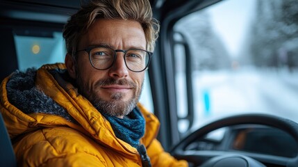 Driver smiling, winter road, snowy landscape, transport