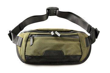 Army green sling bag isolated on white background.