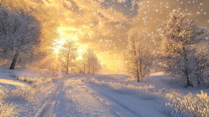 Obraz premium Serene Winter Landscape with Snowfall and Golden Sunrise Glow