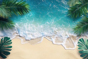 Fototapeta premium Ocean waves lapping on a sandy beach, framed by lush tropical leaves. Ideal for travel, summer, or vacation themes, evokes relaxation and paradise.