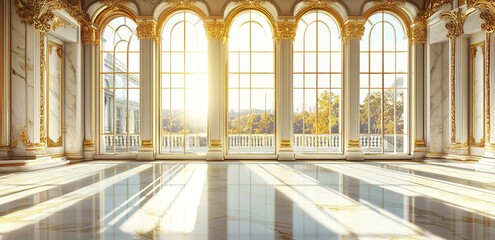 Obraz premium Sunlit Grandeur: Palace Hall with Golden Accents and Scenic Views