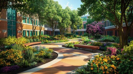 Serene Garden Pathway in a Modern Hospital Setting