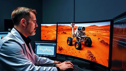 Scientist analyzing Mars rover imagery on multiple screens in a high-tech research lab - Powered by Adobe