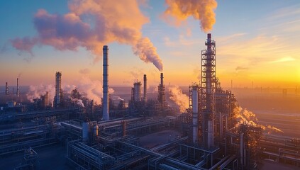 Industrial Refinery Complex at Sunset:  Emissions, Towers, and Pipelines in a Vast Manufacturing Landscape.