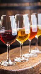 Colorful assortment of wine glasses showcasing various wine types on a wooden table