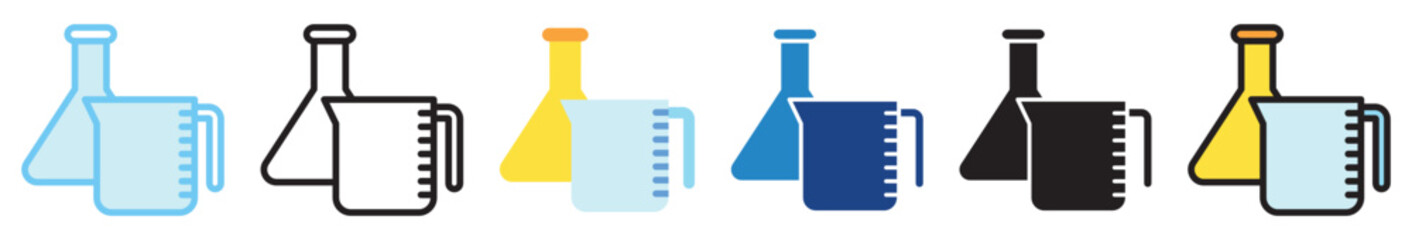 Beaker multi style, mini illustration icon. outline, flat, glyph, line color, UI, UX, app and web, digital or print. For education, research, chemistry.