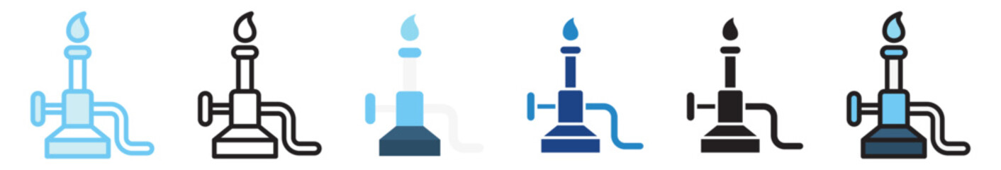 Bunsen Burner multi style, mini illustration icon. outline, flat, glyph, line color, UI, UX, app and web, digital or print. For education, research, chemistry.