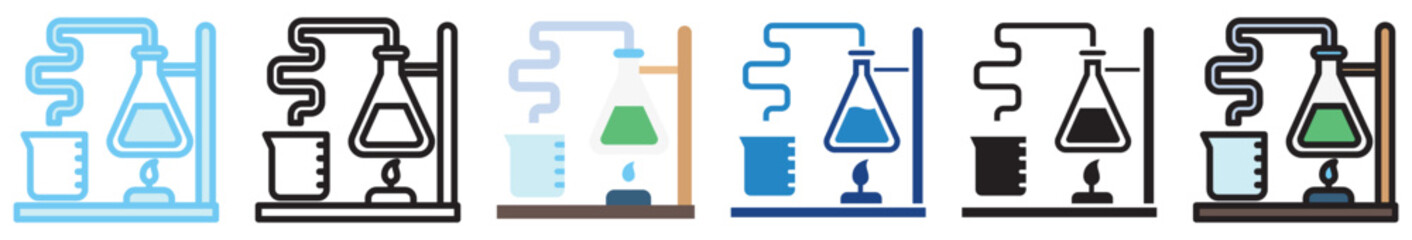 Distillation multi style, mini illustration icon. outline, flat, glyph, line color, UI, UX, app and web, digital or print. For education, research, chemistry.
