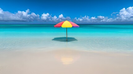Colorful beach umbrella standing alone on a serene shoreline with turquoise water
