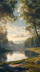 Obraz premium Harmonious Reverie: A Neoclassical Landscape of Reflection and Balance