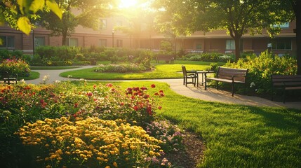 Obraz premium Dappled Sunlight in Serene Hospital Garden for Peaceful Retreats